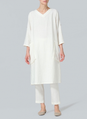 Cream White Linen A-shape Patch Pockets Tunic Dress