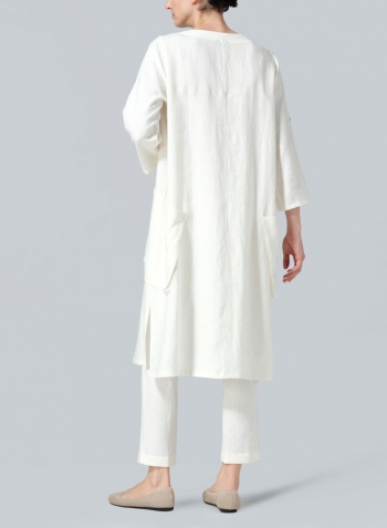 Cream White Linen A-shape Patch Pockets Tunic Dress