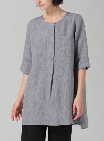 Two Tone Navy White Linen Chest Pocket Tunic