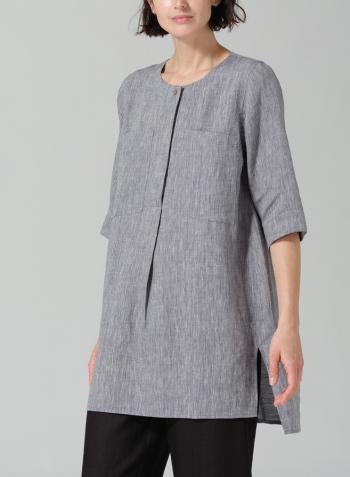 Two Tone Navy White Linen Chest Pocket Tunic