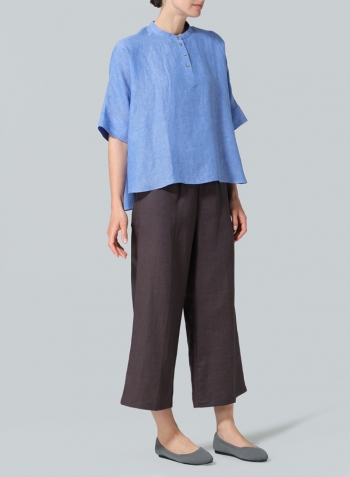 Cerulean Blue Linen Mandarin Collar Boxy Shirt