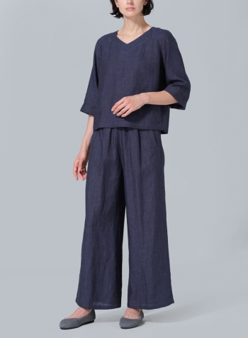 Dark Denim Linen Wide Sleeves V-Neckline Blouse