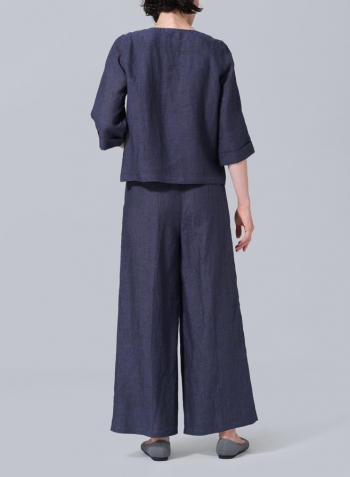 Dark Denim Linen Wide Sleeves V-Neckline Blouse