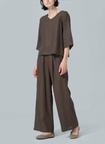Dark Olive Brown Linen Wide Sleeves V-Neckline Blouse