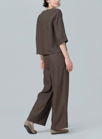 Dark Olive Brown Linen Wide Sleeves V-Neckline Blouse