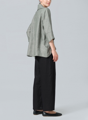 Dull Green Linen Cowl Neck Curved Hem Top