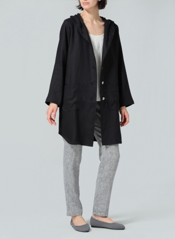 Black Linen Button-Up Hooded Tunic