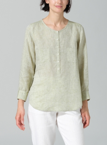 Light Olive Linen Round Neck Long Sleeve Shirt