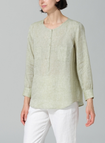 Light Olive Linen Round Neck Long Sleeve Shirt