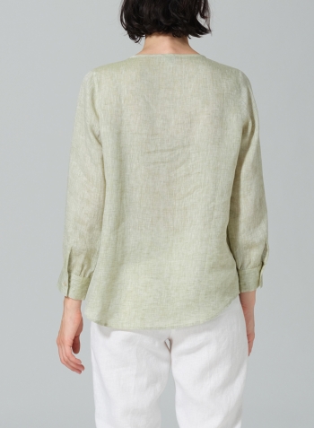 Light Olive Linen Round Neck Long Sleeve Shirt