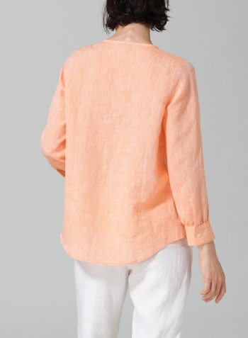 Sun Orange Linen Round Neck Long Sleeve Shirt