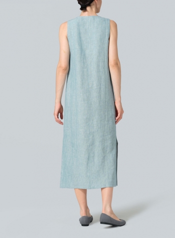 Two Tone Light Green Linen Front Placket Opening Straight Cut Long Dress