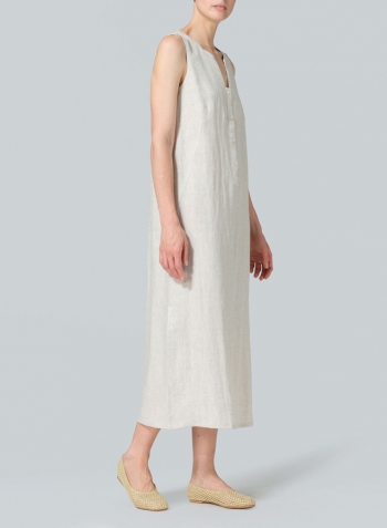 Oat Linen Front Placket Opening Straight Cut Long Dress