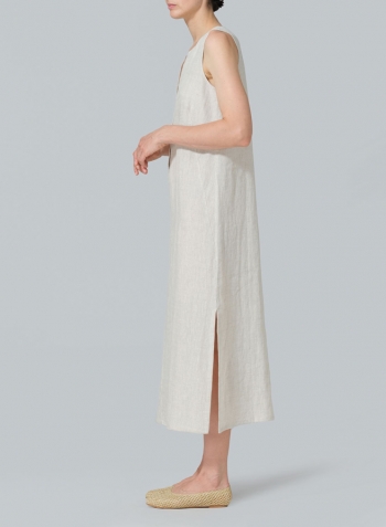 Oat Linen Front Placket Opening Straight Cut Long Dress