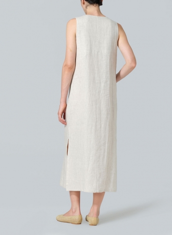Oat Linen Front Placket Opening Straight Cut Long Dress
