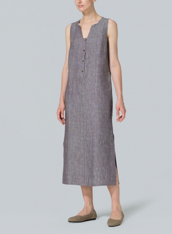 Two Tone Brown Linen Front Placket Opening Straight Cut Long Dress