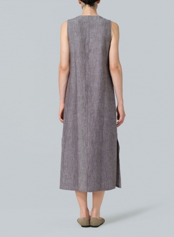Two Tone Brown Linen Front Placket Opening Straight Cut Long Dress