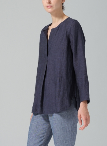 Dark Denim Linen L/S Relaxed Fit Blouse