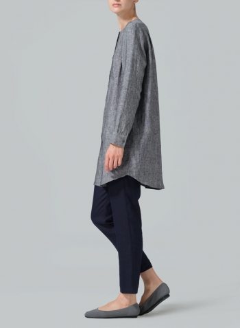 Two Tone Black Linen Open Front Long Shirt