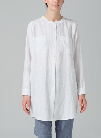 White Linen Open Front Long Shirt