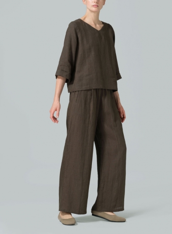 Linen Wide Sleeves V-Neckline Blouse Set