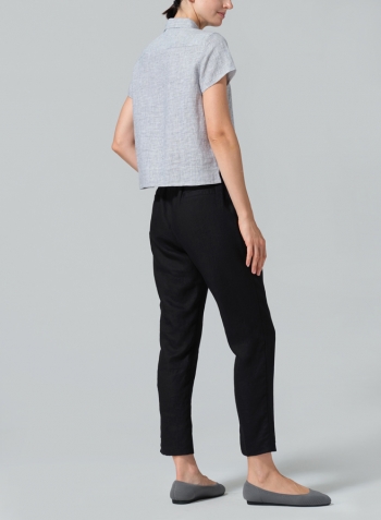 Blue White Weave Linen Short Sleeve Mini-point Collar Shirt