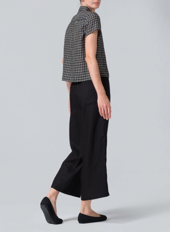 Dark Green Yellow Checker Linen Short Sleeve Mini-point Collar Shirt