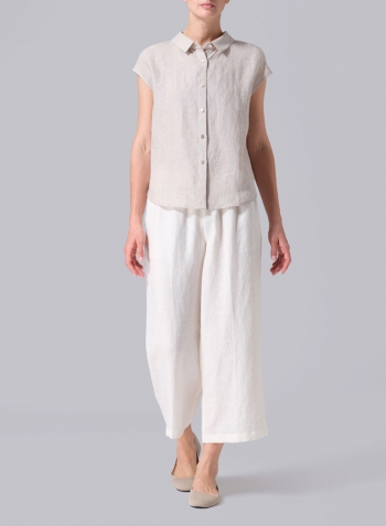 Oat Linen Collared Neckline Cap Sleeves Top
