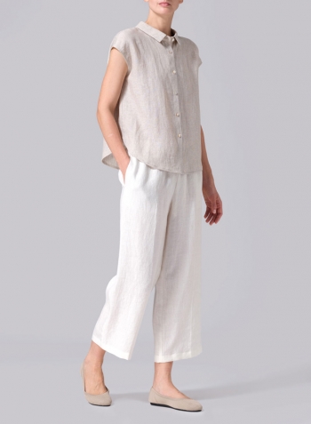 Oat Linen Collared Neckline Cap Sleeves Top