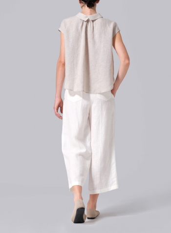 Oat Linen Collared Neckline Cap Sleeves Top