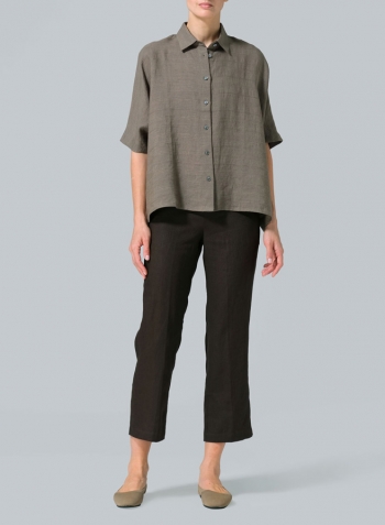 Jacquard Olive Stripe Linen Boxy Sleeves Shirt