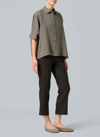 Jacquard Olive Stripe Linen Boxy Sleeves Shirt