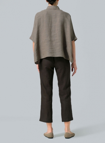 Jacquard Olive Stripe Linen Boxy Sleeves Shirt