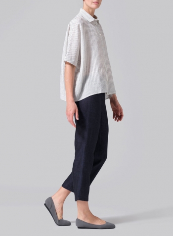 Blue White Weave Linen Boxy Sleeves Shirt