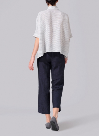 Blue White Weave Linen Boxy Sleeves Shirt