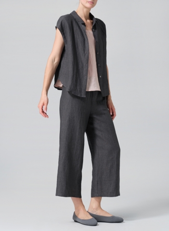 Dark Gray Linen Collared Neckline Cap Sleeves Top