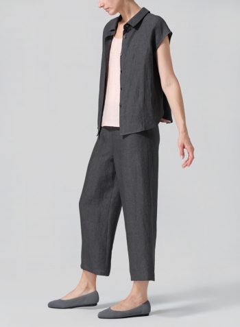 Dark Gray Linen Collared Neckline Cap Sleeves Top