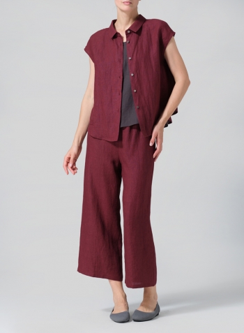 Red Linen Collared Neckline Cap Sleeves Top