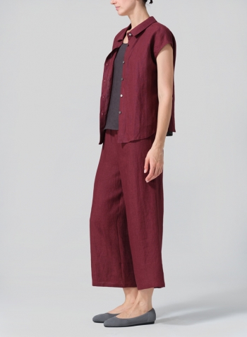 Red Linen Collared Neckline Cap Sleeves Top