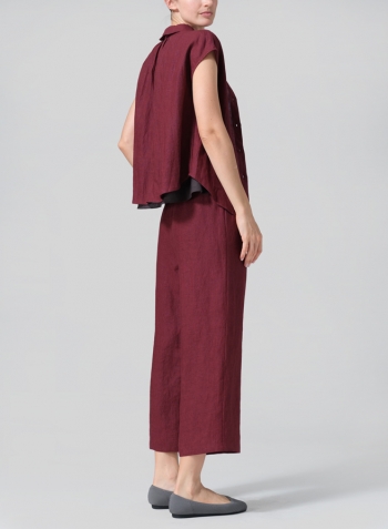 Red Linen Collared Neckline Cap Sleeves Top