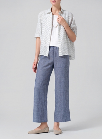 Blue White Weave Linen Boxy Sleeves Shirt Set