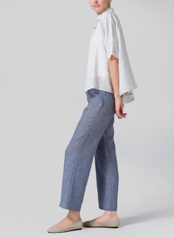 Blue White Weave Linen Boxy Sleeves Shirt Set