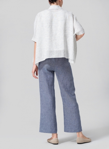 Blue White Weave Linen Boxy Sleeves Shirt Set