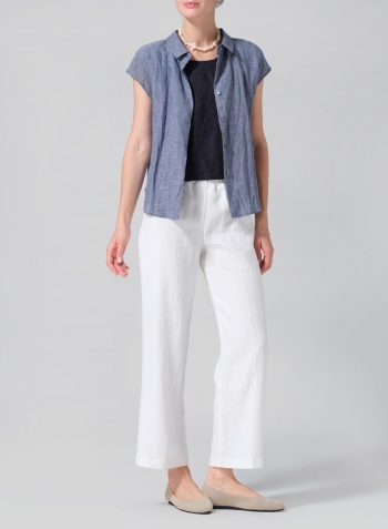 Denim Blue Linen Collared Neckline Cap Sleeves Top with Necklace