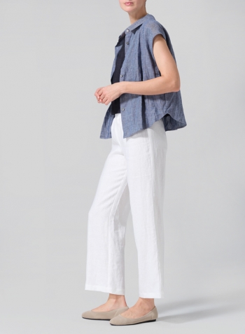 Denim Blue Linen Collared Neckline Cap Sleeves Top with Necklace