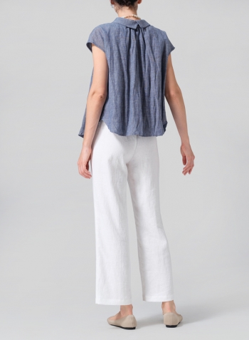 Denim Blue Linen Collared Neckline Cap Sleeves Top with Necklace