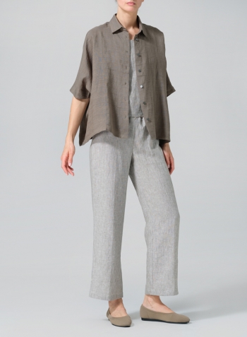 Jacquard Olive Stripe Linen Boxy Sleeves Shirt