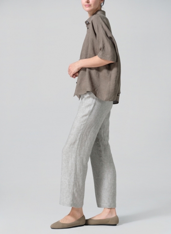 Jacquard Olive Stripe Linen Boxy Sleeves Shirt