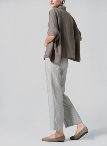 Jacquard Olive Stripe Linen Boxy Sleeves Shirt