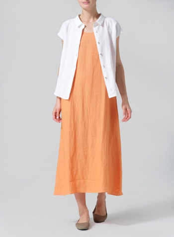 White Linen Collared Neckline Cap Sleeves Top Set